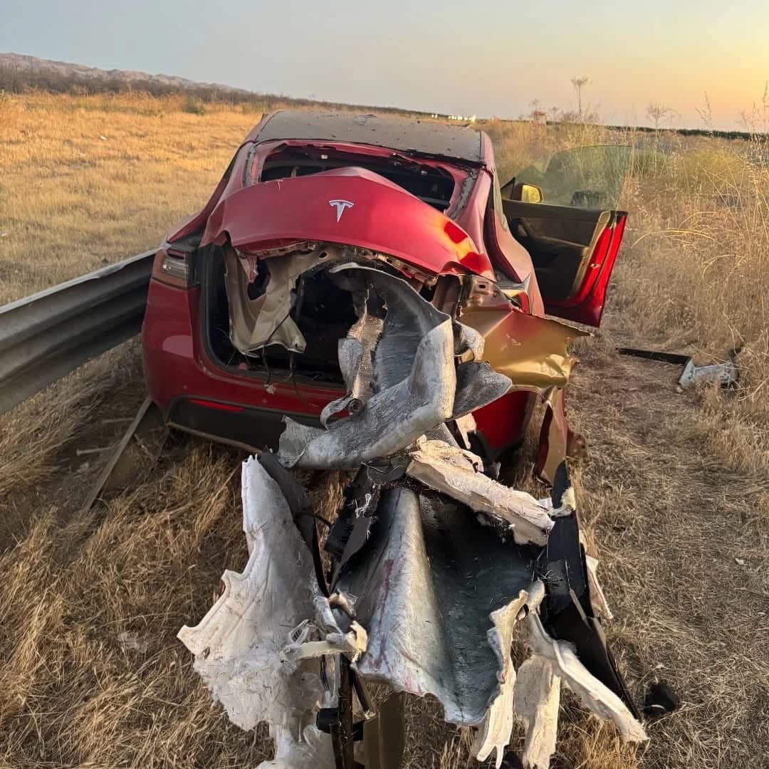 Tesla Model Y Driver Escapes With Minor Injuries In Devastating Guardrail Crash